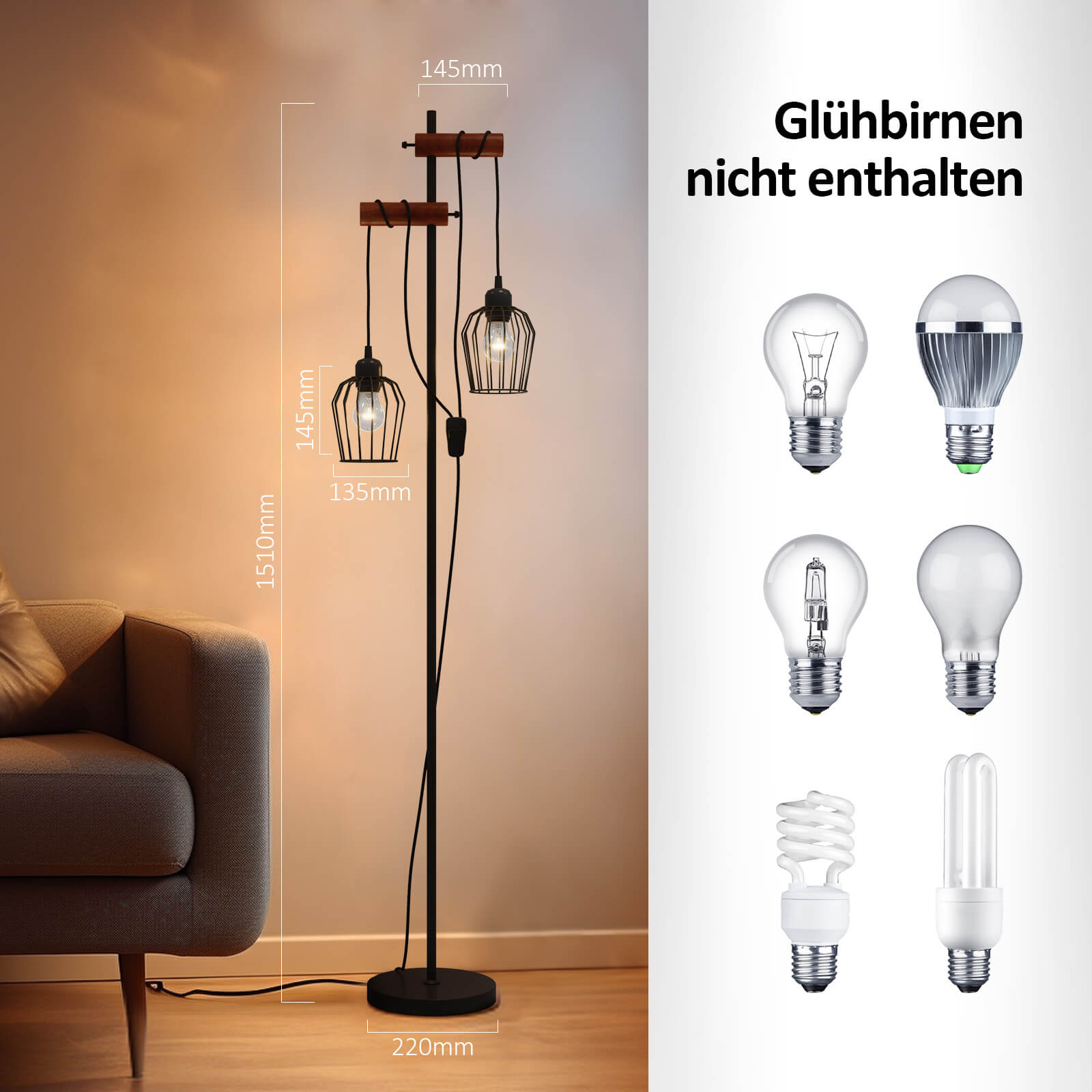 emke-l28e2bl-lampadaire-2-lampes-noir-150-cm-e27 image 4