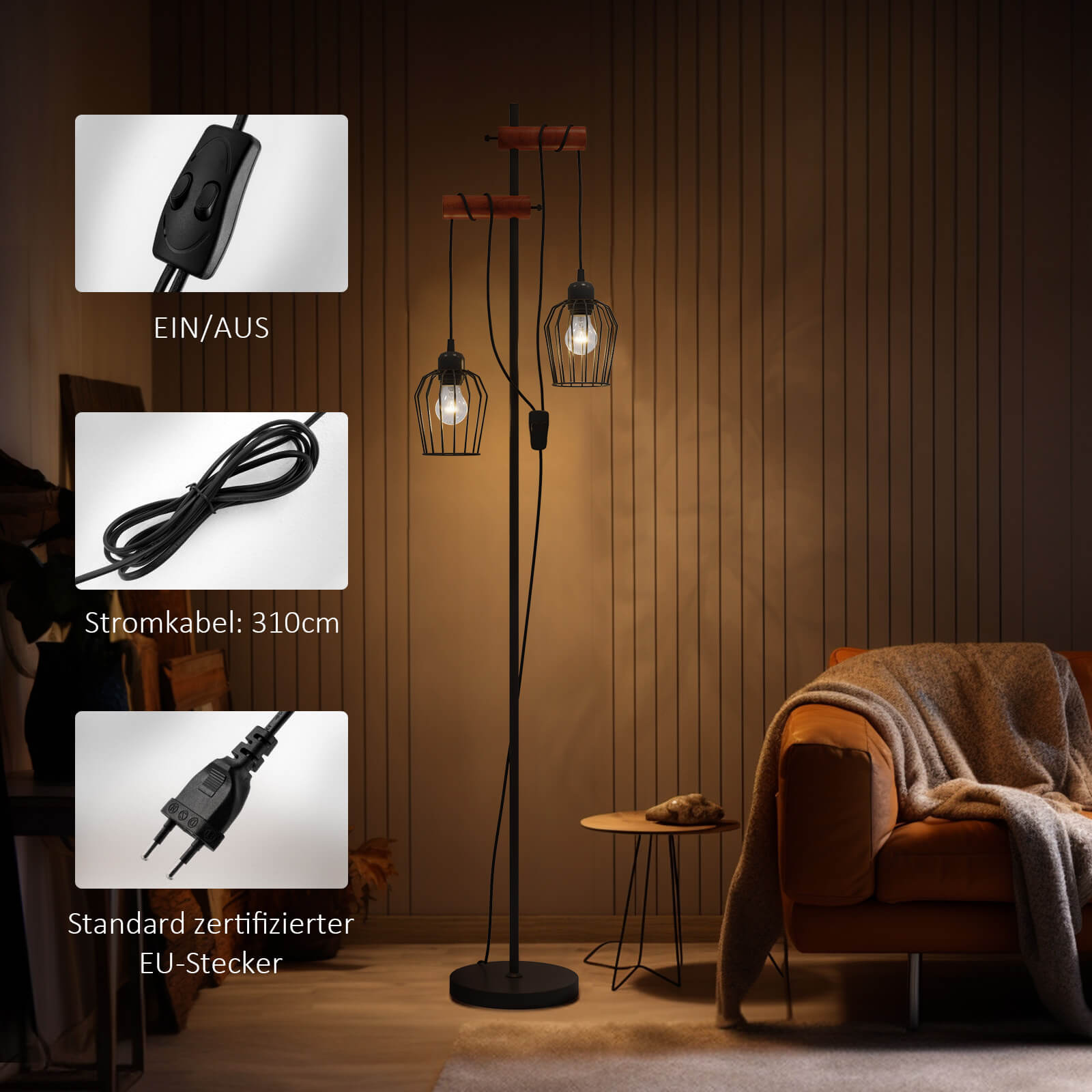 emke-l28e2bl-lampadaire-2-lampes-noir-150-cm-e27 image 2